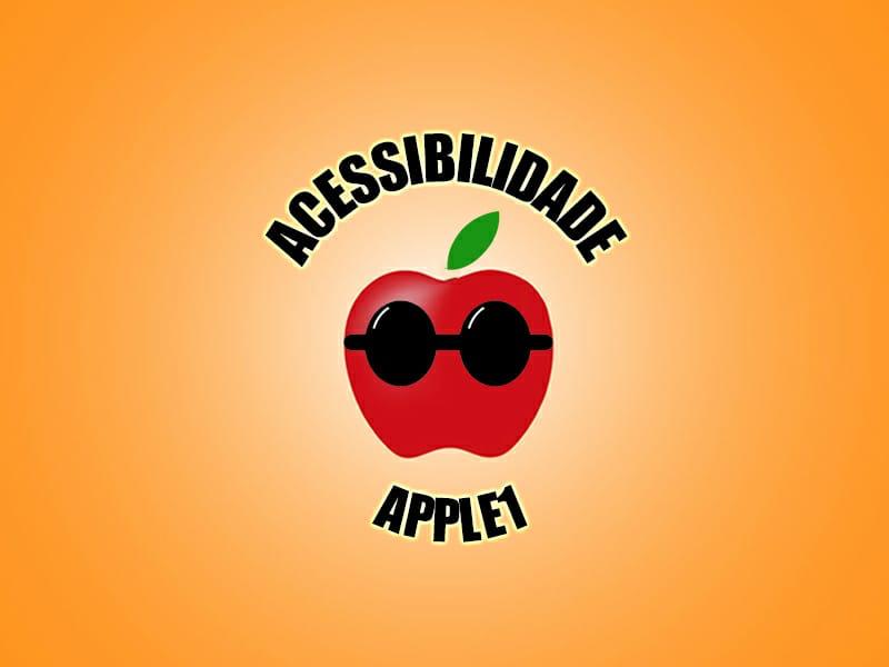 Logotipo com fundo laranja degrad&ecirc; para o centro mais claro, ainda no centro em negrito caixa alta, ACESSIBILIDADE, abaixo desenho de uma ma&ccedil;&atilde; vermelha com uma folha verde acima, a ma&ccedil;&atilde; possui &oacute;culos escuros e lentes arredondadas. Abaixo em negrito e caixa alta, APPLE 1
